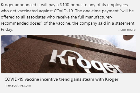Screenshot on incentivizing employees to get vaccinated